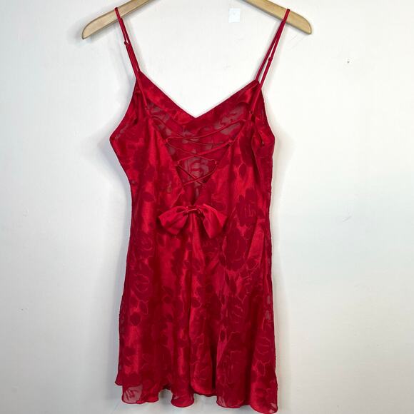 Victorias Secret Vintage Gold Label Red Burnout Floral Satin Bow Slip Dress L - Picture 6 of 9